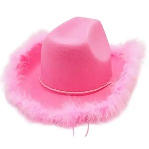 Roze Western Style Cowgirl Hoeden Voor Vrouwen Meisje Gerold Fedora Hoed Feather Edge Strand Cowboyhoed