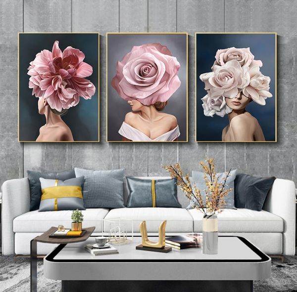 Póster de señora con flores blancas y rosas, lienzo impreso con personalidad a la moda para mujer, pintura artística, cuadro de pared, decoración moderna para sala de estar 3705010