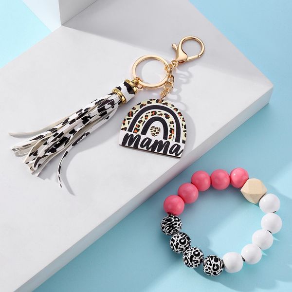 Cuentas de madera de leopardo blanco rosa, adornos de arco iris de mamá, colgante con borlas, pulsera, llavero de coche, pulsera para mujer, pulsera de cuentas de madera, llavero, regalo del Día de la Madre