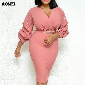 Roze wit vrouwen Afrikaanse jurk strakke peplum kraal elegante dames officewar slanke avond party tunieken bescheiden pakket hip kleding 210416