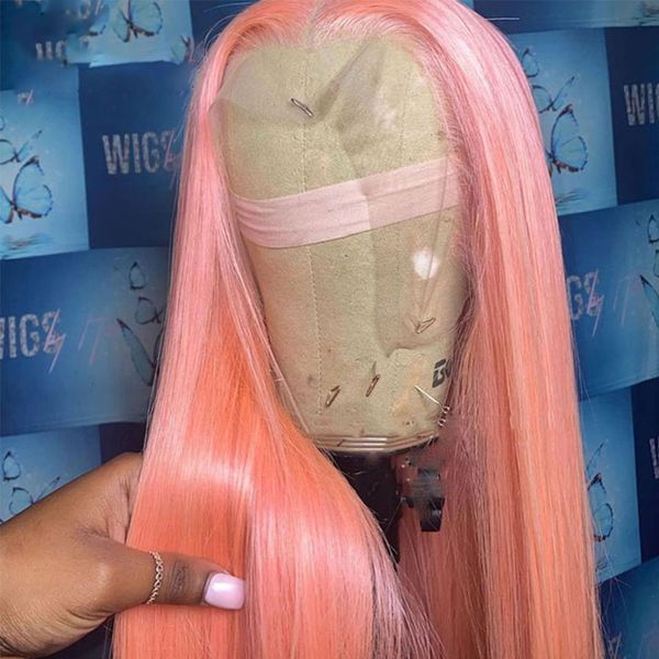 Perruque Lace Frontal Wig synthétique rose, cheveux naturels lisses, pre-plucked, Transparent HD, perruque Lace Wig pour femmes