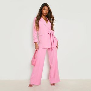 Rose Femmes Costumes Peaked Lapel Office Lady Tuxedos Avec Ceinture Femme Costume D'affaires Soirée Formelle Blazers 2 Pièces Ensemble Veste Et Pantalon Lâche