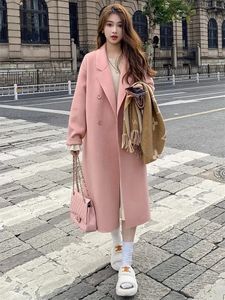 Manteau en laine rose mi-long pour femme, Version coréenne, ample et polyvalent, Style Hepburn, petit, automne-hiver 2023, 231220