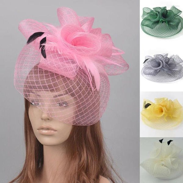 Tocado de malla a rayas para boda, tocado de malla a rayas, color rosa, amarillo y gris, moda de boda, carrera de caballos, sombrero de fiesta