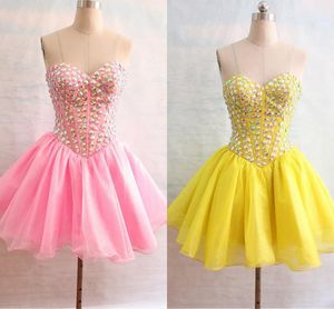 Robe de bal courte jaune rose, bon marché, chérie, cristal, organza, mini lacets dans le dos, robe de cocktail froncée, robe de remise de diplôme