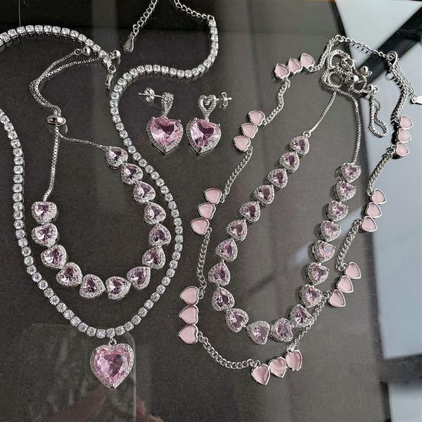 Ensemble de collier et boucles d'oreilles en Zircon rose, bijoux de mariage de luxe Super scintillants, grandes pierres de cristal, couverture en platine 18 carats, Brass297C
