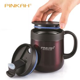 Pinkah 340460ml 304 roestvrijstalen thermoskokers Koffiekopje met handvat met deksel Geïsoleerde theekok Thermos Cup Office Thermoses 210907