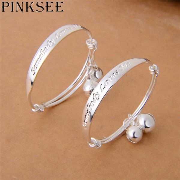 Pinksee 2pcs simple tendance enfants cloche bracelet bébé argent plaqué lettres d'amour motif enfant bracelet bijoux pour cadeau d'anniversaire Q0719