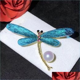 Pins Broches 100 Freewater Pearl Enamel Dragonfly para mujeres Broche Pins de 89 mm Insectos de cristal Regalo 12 Pcs/Lote Drop entrega Joyer￭a Dhfds