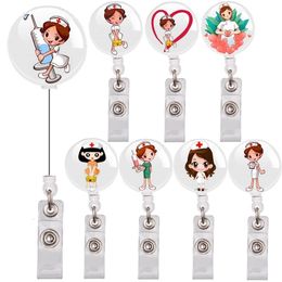 Pins Broches 10pcslot Cartoon Mooie Vrouwen Verpleegster Arts Hart Intrekbare Badge Reel Clips Voor ID Naam Kaarthouder Sleutelhanger 230909