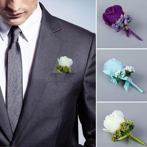 Pines, Broches 1pc Novio Rose Boutonniere Flor de seda Corsage Boda Cristal Accesorios nupciales