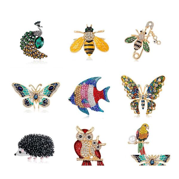 Broches Broches 2021 MTI Couleur Émail Ainmal Pour Femmes Paon Abeille Papillon Hérisson Hibou Flamant Perroquet Cristal Broche Broches Mode Otyog