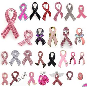 PINES Broches 50 PC/Lote Hospital personalizado Pink Ribbon Cáncer de mama Conciencia de esmalte de rehinestona Médico para enfermera Doctor de regalo Dhholb