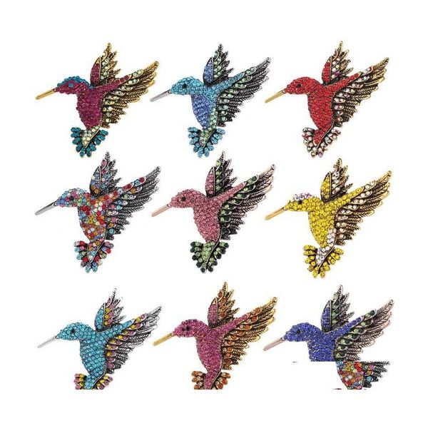 Broches Broches Antique Tone Bird Broches Pins Colibri Mti Couleur Autrichien Cristal Broche Bijoux Strass Animal Clip Pour Dhmj2