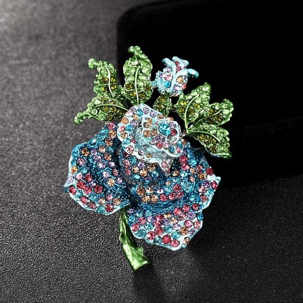 Broches, Broches Arrivée Bleu Coloré Rose Fleur Pour Femmes Cadeaux De Noël Parfait Émail Hijab Accessoire Strass Broches Broche
