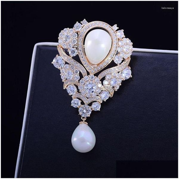 Broches broches art Nouveau antique micro pave zirconia zirconi blanc imitation perle en forme de poirie