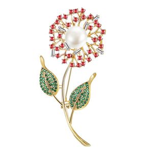 Pins, broches mooie witte parel paardebloem bloem pins cubic zirconia rood bloemen broach bloemen steelbladeren verklaring pin broche