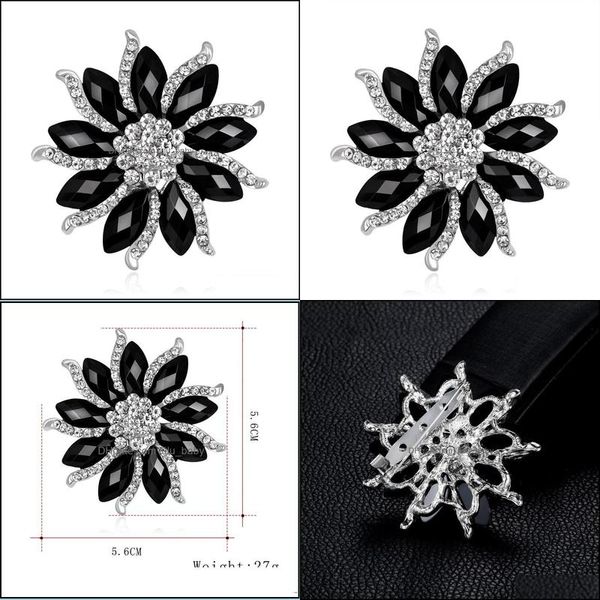 Pines Broches Broche de flor negra Cristal Ramo de boda Pines Vestido de mujer Trajes Broches Joyería de moda Regalo Entrega de gota Dhawc