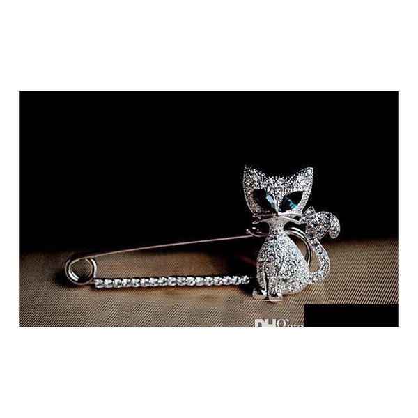 Alfileres Broches Broche Beautifly Joyería Corea del Sur Greeneyed Cat Rhinestone Animal Pin Christmas Drop Delivery Jewelry Dhjsa