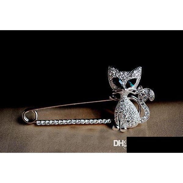 Alfileres Broches Broche Beautifly Joyería Corea del Sur Greeneyed Cat Rhinestone Animal Pin Christmas Drop Delivery Jewelry Dhv8J