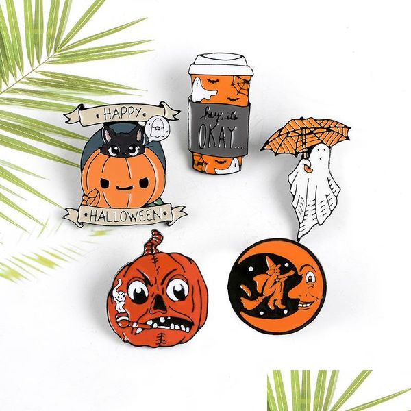 Pins Broches Broches Happy Halloween Émail Pin Personnalisé Café Lune Fantôme Citrouille Parapluie Sac À Dos Vêtements Revers Fun Badg Dhgarden Dhsvc