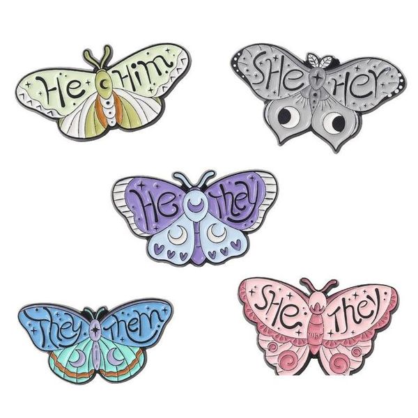 Broches Broches Papillon Pronoms Épingles En Émail Personnalisé Elle Elle Lui Lui Ils Eux Insignes De Revers Insecte Bijoux Cadeau Pour Enfants Amis 1421 Dhmfg