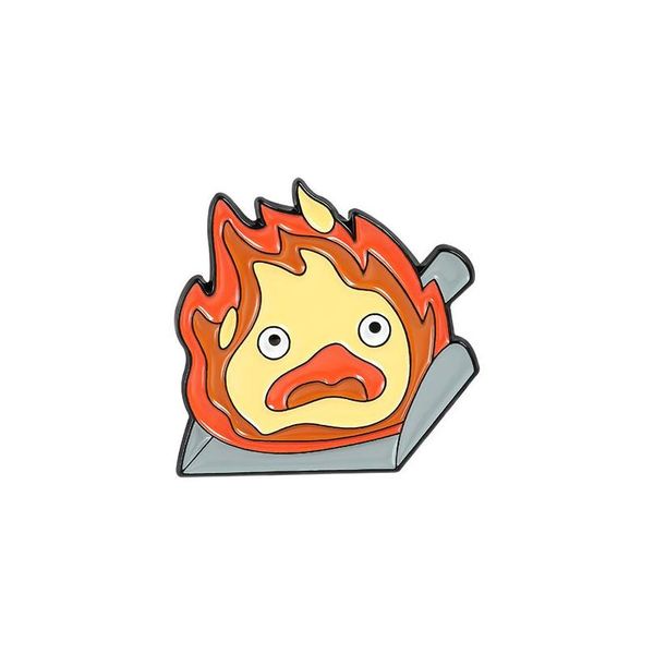 Pines Broches Calcifer Esmalte Pin Demonio de fuego con recogedor de troncos Insignias inspiradas en la llama Regalo de joyería de película para niños Niños Entrega de gota Dhai9