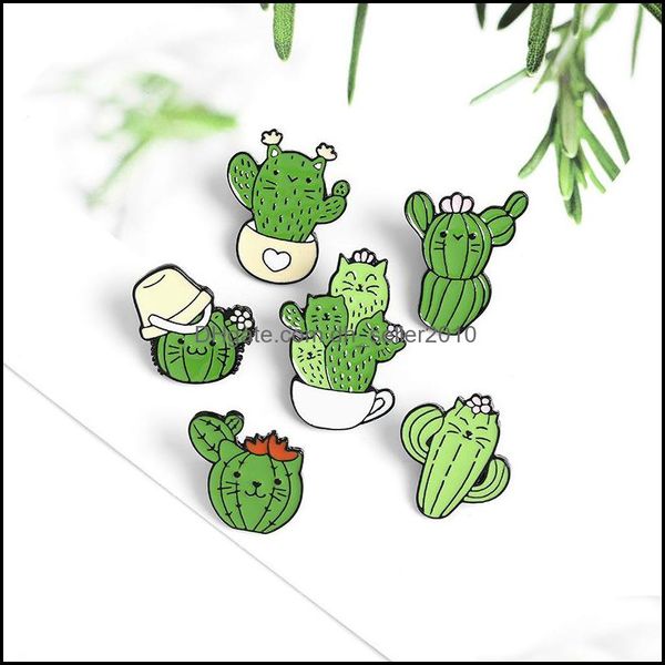 Épingles Broches Dessin Animé Alliage Chat Épingles Ornements Cactus Plante Verte Modélisation Badge Accessoires Polyvalent Cowboy Sac Originalité Bakin Dhfep