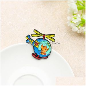 Pins broches cartoon kat legering broche rijden liefde helikopter zwaaien naar landende creatieve badge denim shirt kraag pen groothandel dr dhtso