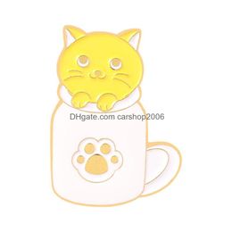 Broches Broches Dessin Animé Chat Animal Broches Ensemble 5 Pcs Creative Tasse À Café Émail Peinture Badges Pour Les Filles Plaqué Or Épinglette Denim Sh Dhhoo