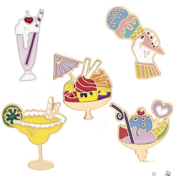 Pins Broches Postre de dibujos animados Broches 5 unids / set Helado Cono dulce Insignias de esmalte Taza de limón Bebidas de playa Pin de aleación chapado en oro Wom DHB1O