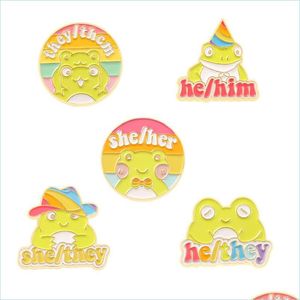 Pins broches cartoon kikker email pins colorf regenboog hoed persoonlijk voornaamwoord aangepaste broches groothandel badge sieraden accessor dhgarden dhnbo