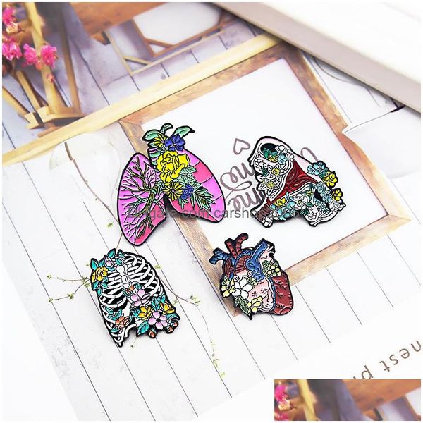 Alfileres Broches Dibujos animados Órganos humanos Alfileres 4 Unids / set Lung Uterus Rib Frame Broches Para Mujeres Esmalte Pin Joyería Corazón Flor Metal Bad Dhi0J