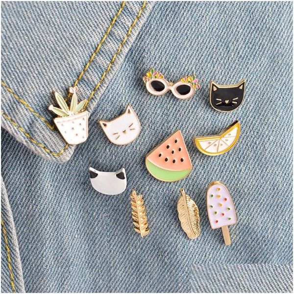 Broches Broches Dessin Animé En Métal Épinglette Pastèque Citron Cactus Chat Lunettes De Soleil Feuille Popsicles Conception Vêtements Badges Décoration Drop D Dhjga