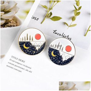 Broches broches dessin animé rond or sier plaqués broches pour femmes peinture épingles à revers drôle montagne peak moon moon soleil jour and night badges dhqdx