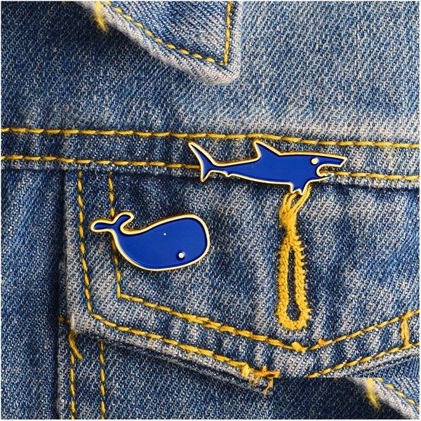 Broches Broches Dessin Animé Requin Et Baleine Océan Animal Art Style Émail Pins Badge Denim Veste Bijoux Cadeaux Pour Femmes Hommes Drop Deliver Dhaar