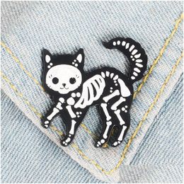 Broches Broches Chat Squelette Émail Pins Punk Glitter Sombre Badge Broche Sac Vêtements Épinglette Drôle Animal Bijoux Cadeau Pour Les Amis D Dhsj9