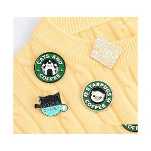 Alfileres Broches Gatos Café Esmalte Pin Personalizado Pug Cachorro Gato Café Insignias Bolsa Camisa Solapa Hebilla Animal lindo Regalo de joyería para amigos 7 Dhtwf