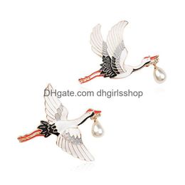 Épingles broches de style chinois blanc grue oiseau émail épingle de chemise de chemise badge badge vintage bijoux gouttes de cadeaux dhdow dhdow