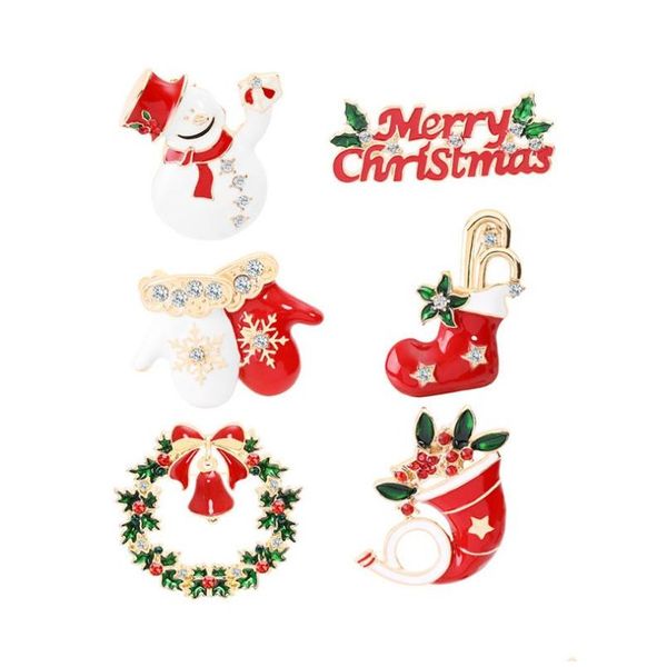 Pins Broches Classique Noël Mignon Père Noël Chapeau Gants Béquille Chaussettes Bottes Traîneau Émail Pin Badge Broche Fête Cadeau Décoration Dhese