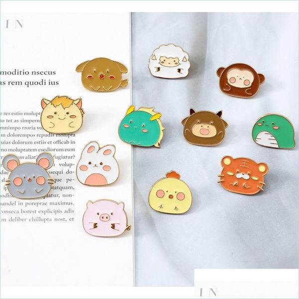 Pines Broches Color Solapa Pin Broche Twee Signos del zodiaco chino Diseño Tigre Conejo Animal Insignia Lindo Dibujos animados Broches Bolsa Accesso Dhrjc