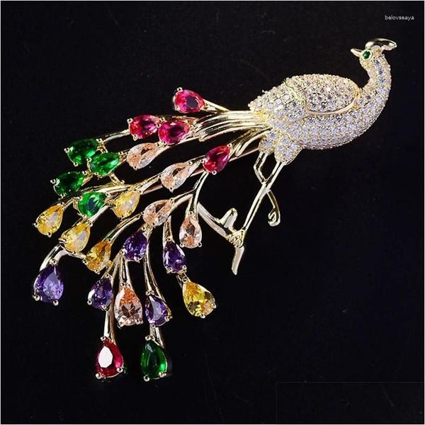 Pines Broches Colorf Crystal Phoenix Peacock para mujeres de lujo Zircon Broche Pin Decoración Traje Traje Bufanda Joyería Animal Drop Deli Otmn3