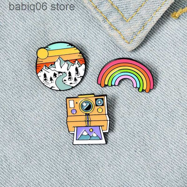 Alfileres Broches Accesorios creativos de dibujos animados broche de aleación personalidad de dibujos animados cámara arco iris broche de puesta de sol insignia broche de pintura T230605