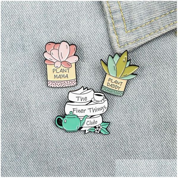 Broches Broches Creative Cartoon Personnage Mignon Plantes Épingles En Émail Rose Vert Théière Papa Maman Cactus Cadeau Pour Ami Revers Vêtements B Dhte2