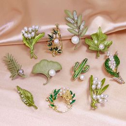 Pinnen broches creatieve groene planten bladeren metalen pinnen parel bloembroches dames kettingen accessoires sieraden geschenken g220523