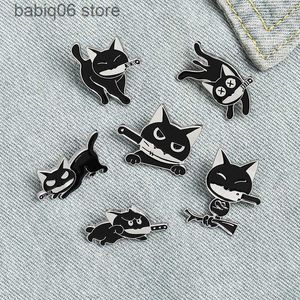 Broches Broches Creative Nouveau Dessin Animé Petit Chat Noir Bouche avec Couteau Série Styling Bijoux Bracelet espiègle Petit Chat Noir Vêtements Emblème T230605