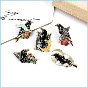 Pinnen broches kraai raven email pin aangepaste vogel veerbroches maan bloemen tas revers punk badge gothic sieraden cadeau voor dhgarden dh2yn