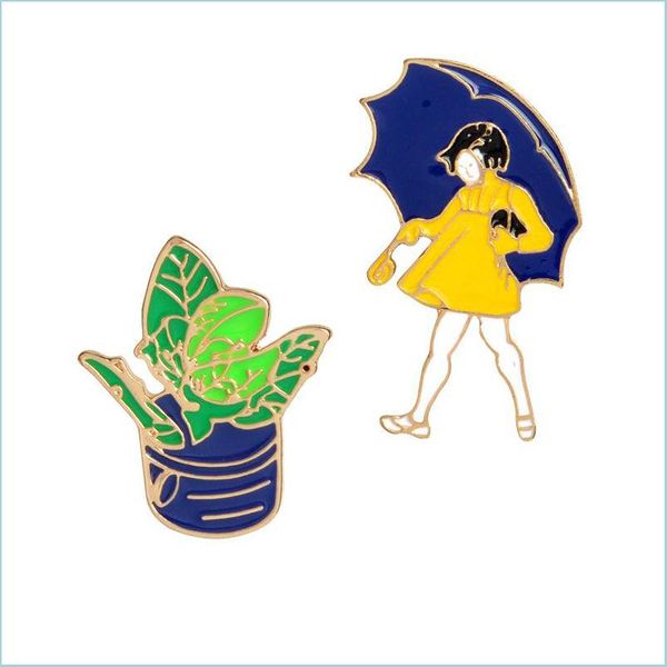 Broches Broches Fille Mignonne De Bande Dessinée Avec Parapluie En Métal Kawaii Émail Pin Badge Boutons Broche Chemise Denim Veste Sac Broche Décorative Dhmbs