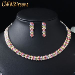 Pins Broches CWWZircons Marquise Cut Kleurrijke Zirconia Stenen Bruids Ronde Choker Ketting Oorbel Set voor Vrouwen Bruiloft Sieraden T074 230619