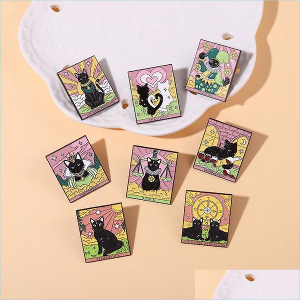 Broches Broches Émail Broche Broches De Luxe Tarot Chat Noir Mignon Badge Vêtements Accessoires De Mode Bijoux De Bande Dessinée Broche Vintage Qui Dh1P7